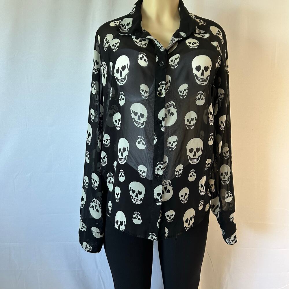 Sheer Skull Print Button Up Blouse Goth Y2K Grunge Heart Eyes Top medium